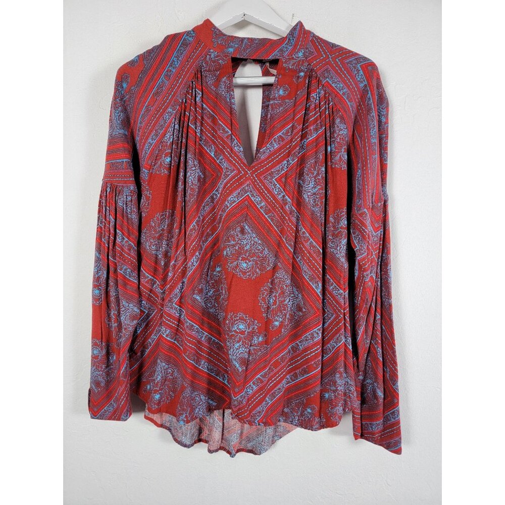 Free People Womens Walking On A Dream Tunic Top Small Red Blue Keyhole Boho